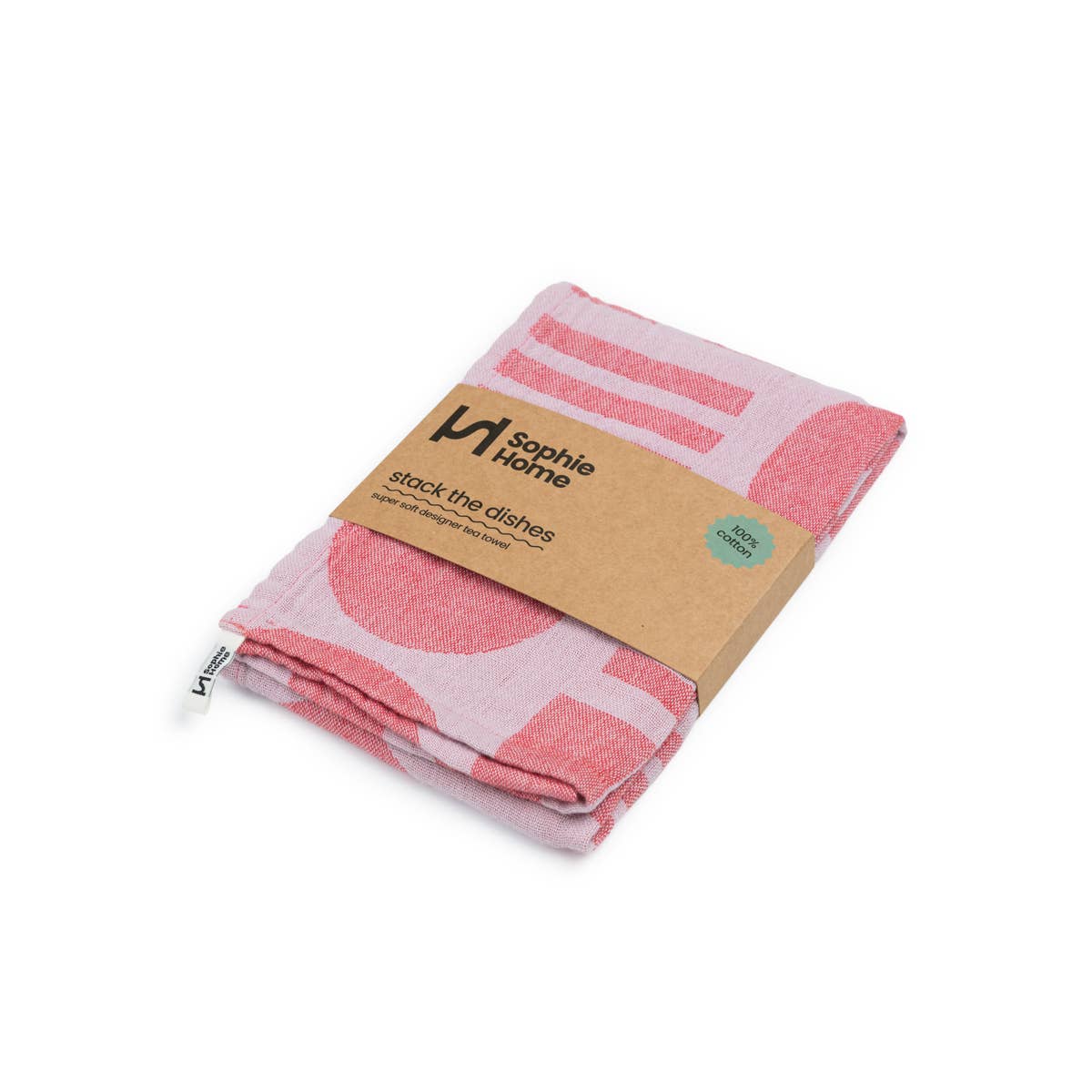 Designer Cotton Tea Towel: Stack the Dishes Pink