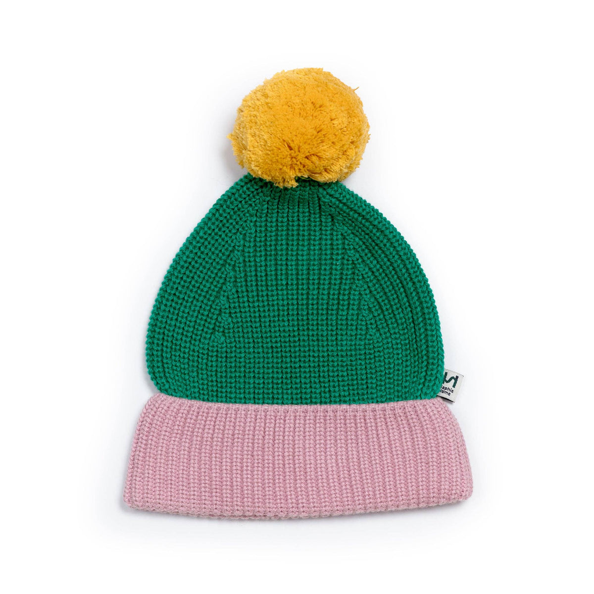 Cotton Knit Baby Bobble Hat:  Green & Pink