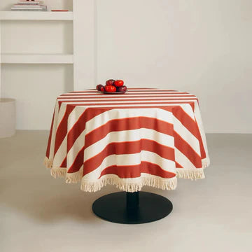 Sarga Round Tablecloth Maroon Cabana Stripes