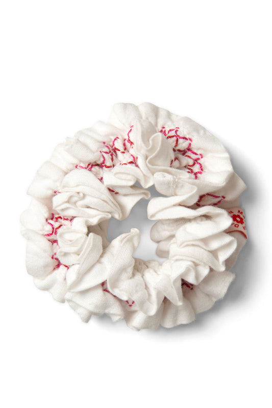 Shirred Garter Scrunchie - White With Red Stitching