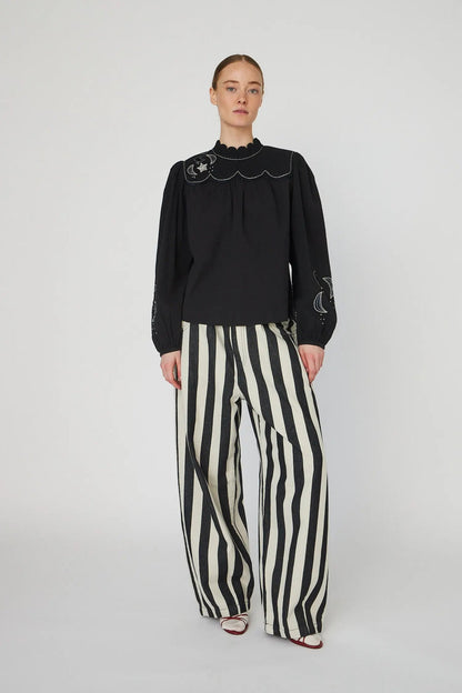 Moon & Stars Embroidered Blouse - Black