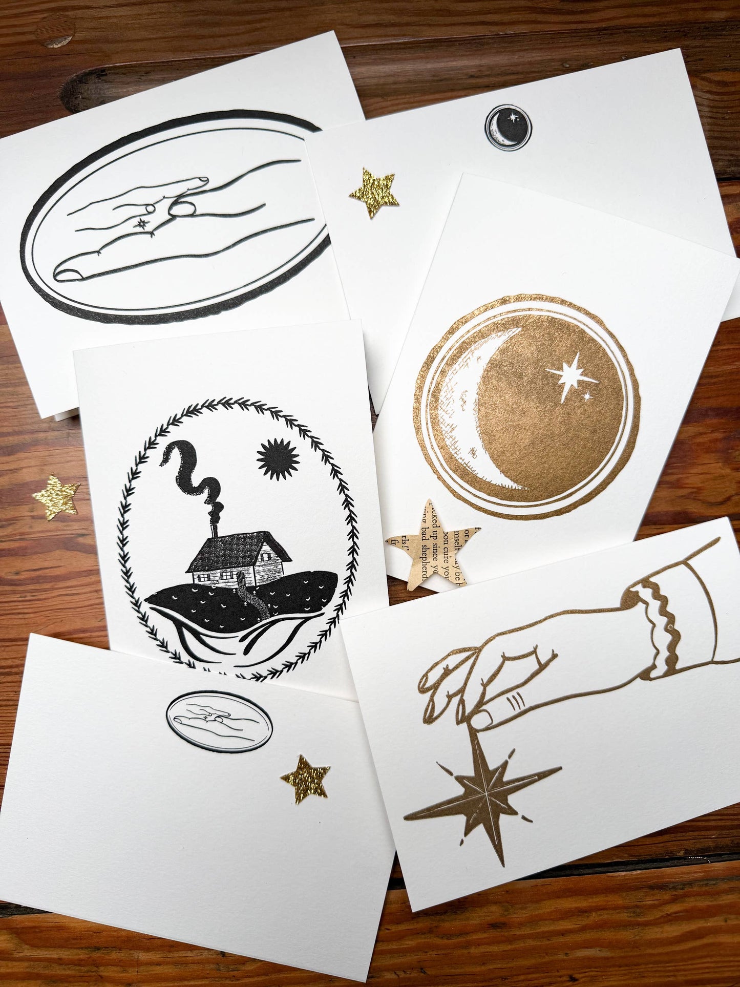 Catching star letterpress card Gold - folk magic