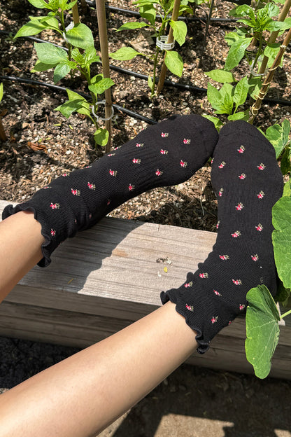 Ruffled Hugger Crew Socks - Black Petal