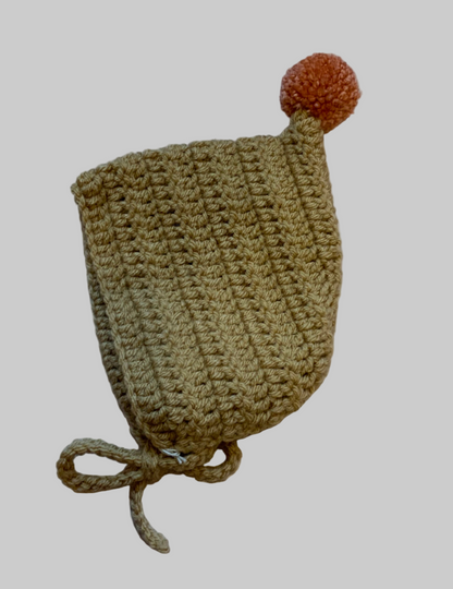 Pom Pom Hand Knit Pixie Hat - Beige