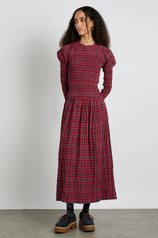 Alice Shirred Midi Dress - Red Check