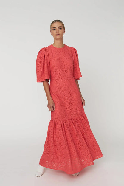 Cotton Lace Maxi Dress - Summer Coral