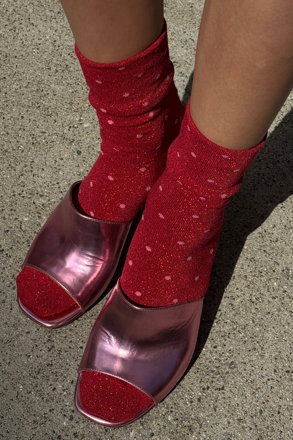 Lurex Patterned Sneaker Socks - Polka Dot - Red/Pink