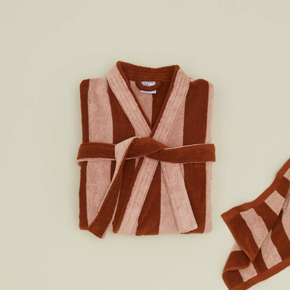 Simple Striped Terry Bathrobe- Blush/Terracotta