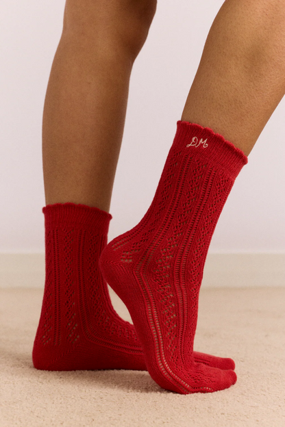 2 Pack Pointelle Socks - Red & Cream