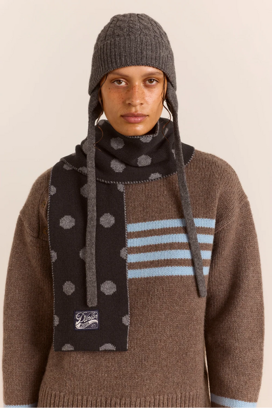 Cashmere / Wool Blend Mix Turn Up Tie Beanie - Charcoal