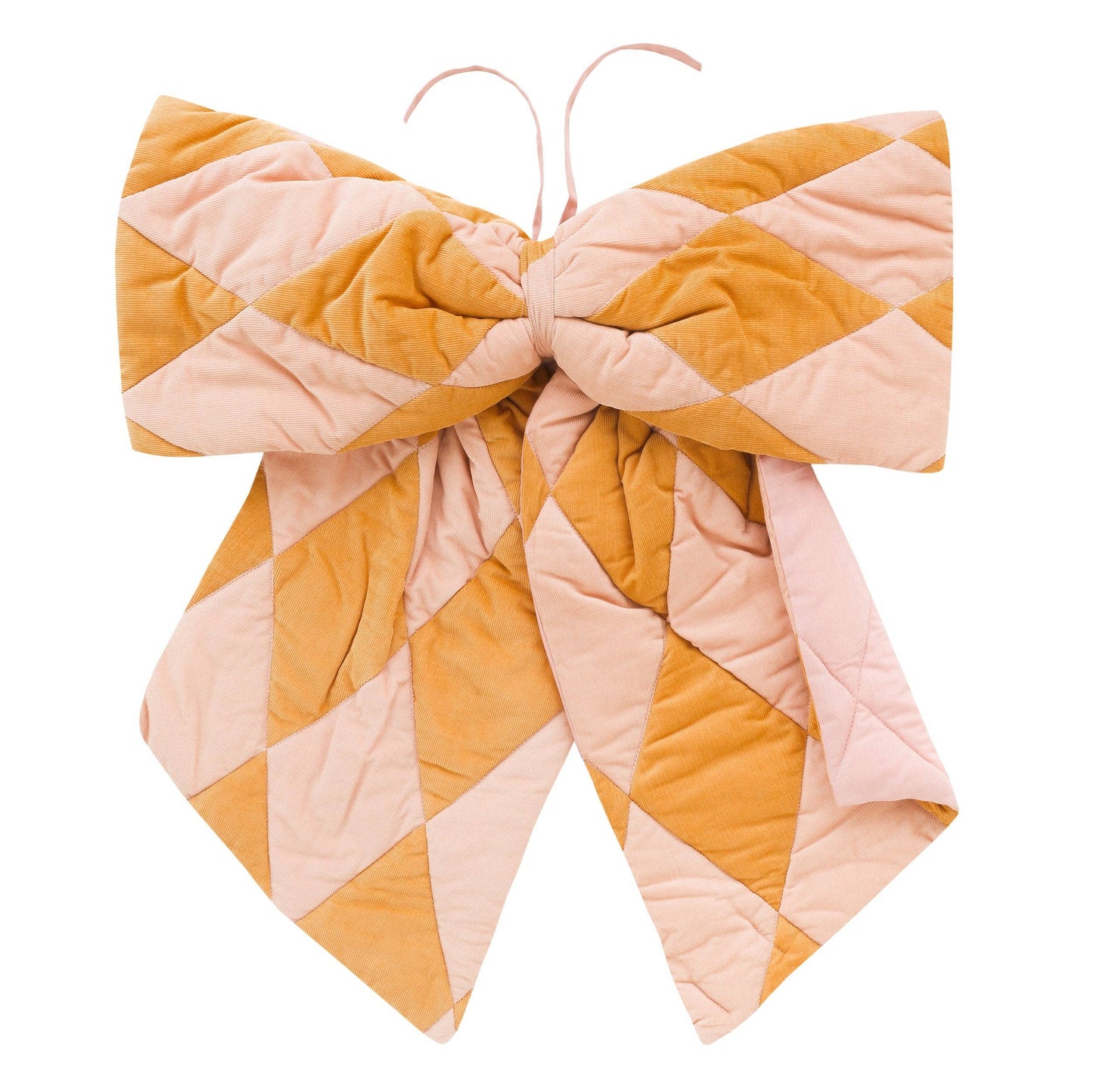 Harlequin cord patchwork bow, mustard/peach