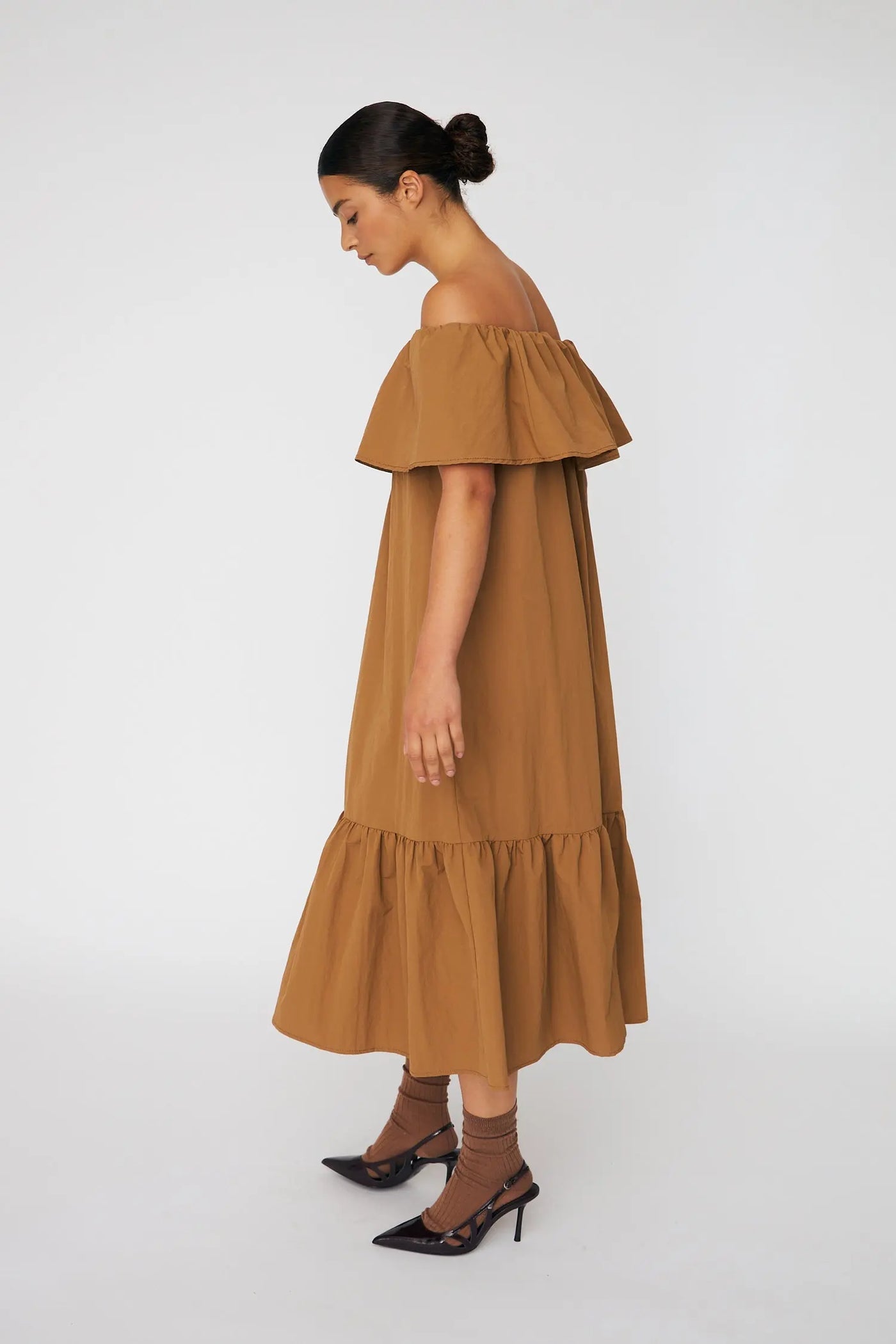 Off The Shoulder Midi Dress - Camel Brown