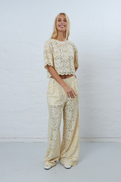 W ROTATES Delicate Lace Flared Pant - Vanilla/Green Tea