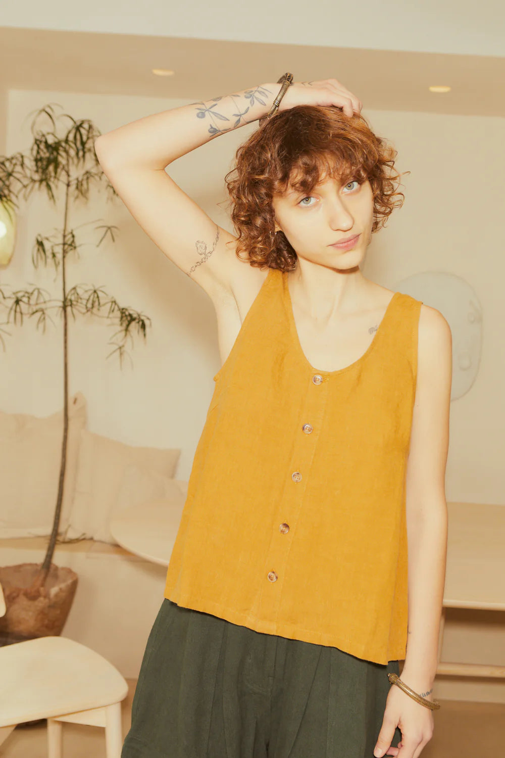 Basic Button Front Top - Turmeric