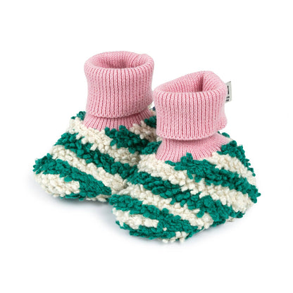 Cotton Knit Baby Slipper Socks: Boucle Striped Green