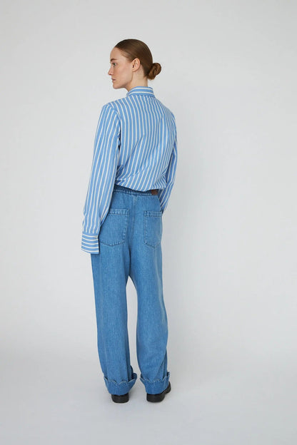 Washed Blue Low Waist Pants With Scallop Edge