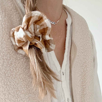 Ecru-Caramel Gingham Check Scrunchie