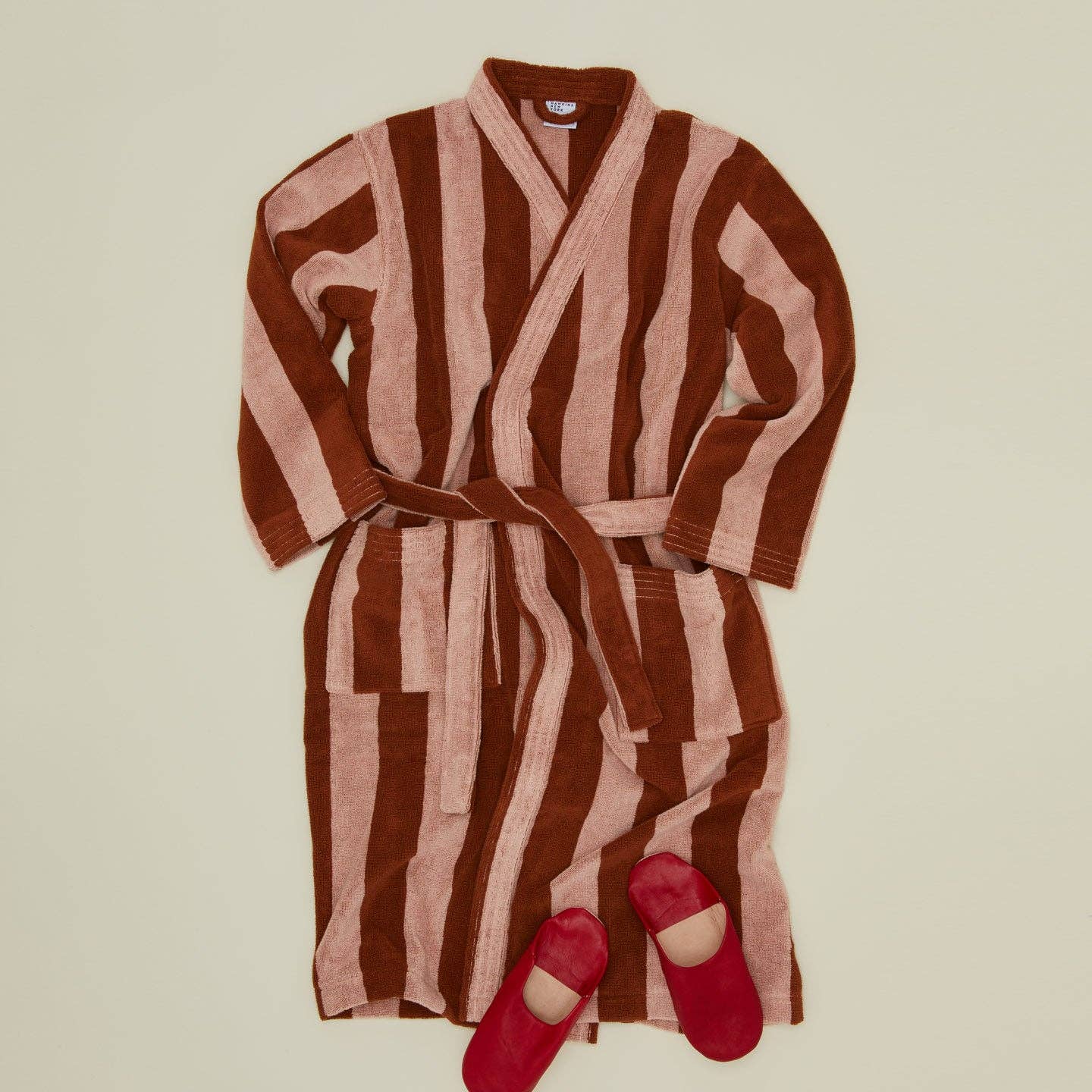 Simple Striped Terry Bathrobe- Blush/Terracotta
