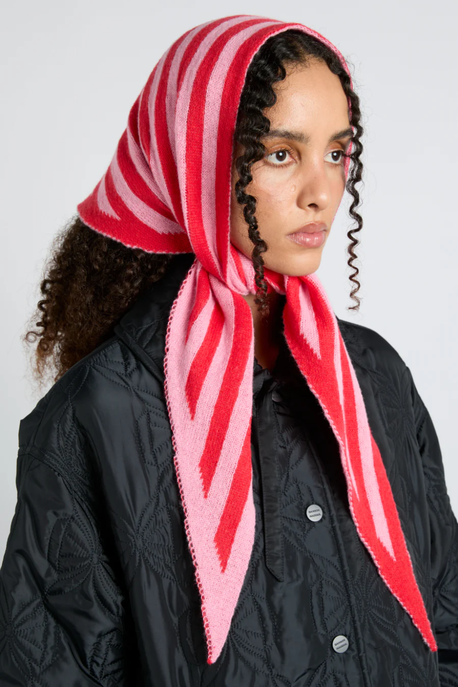 Knitted Triangle Headscarf - Red & Pink Stripe