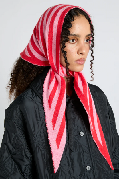 Knitted Triangle Headscarf - Red & Pink Stripe