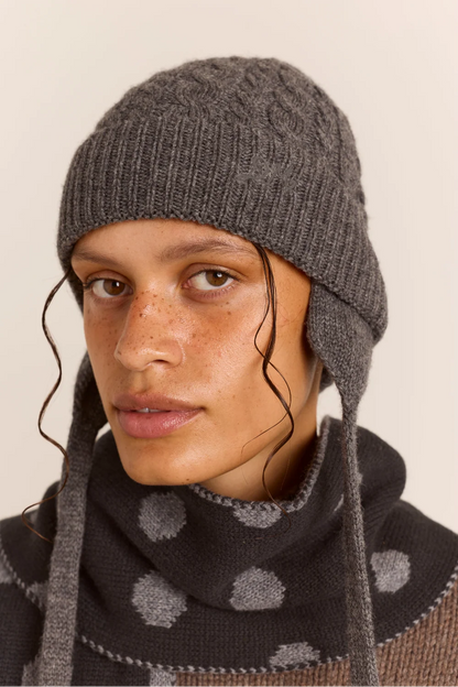 Cashmere / Wool Blend Mix Turn Up Tie Beanie - Charcoal