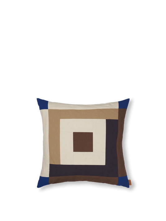 Border Patchwork Cushion - Carob Brown/Bright Blue