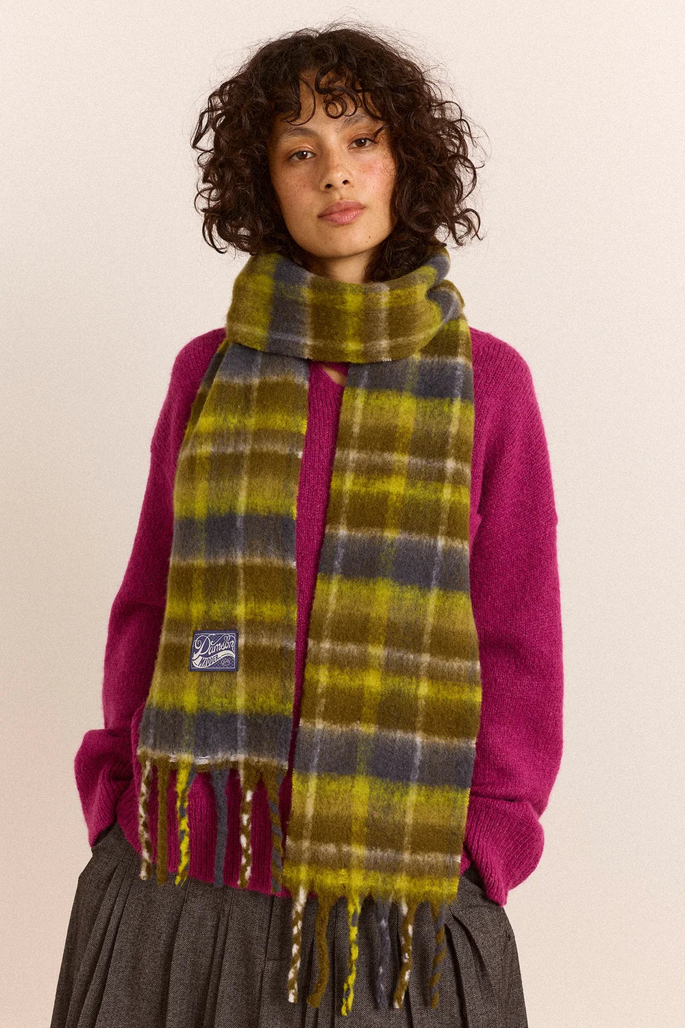 Brushed Fluffy Slim Scarf - Lark Green Check