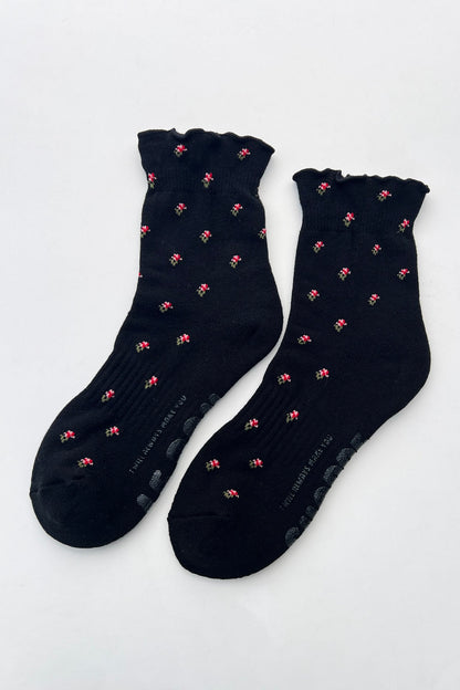 Ruffled Hugger Crew Socks - Black Petal