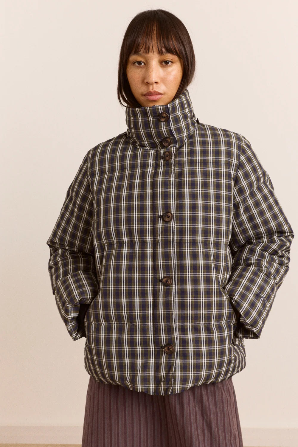 Pearl Hooded Puffer - Lyra Navy & Green Check