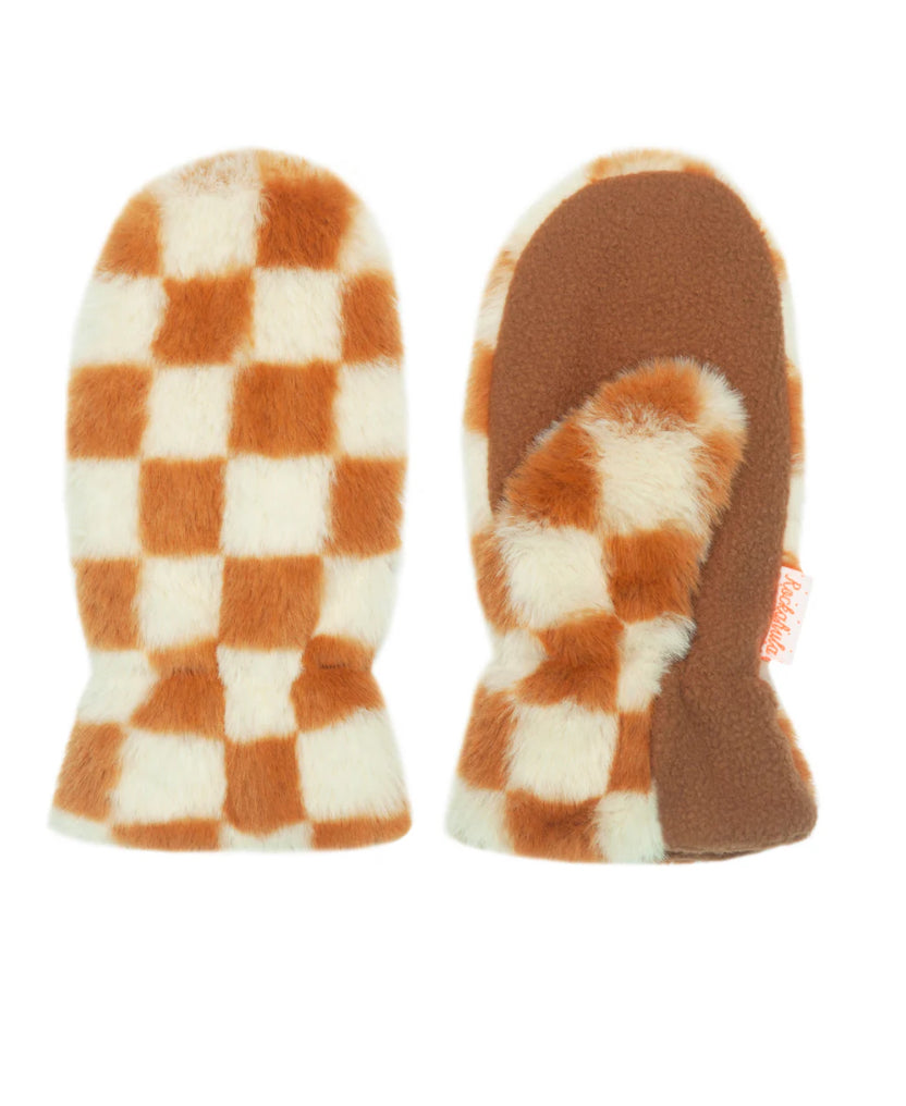 Furry Checked Mittens - Toffee