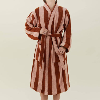 Simple Striped Terry Bathrobe- Blush/Terracotta