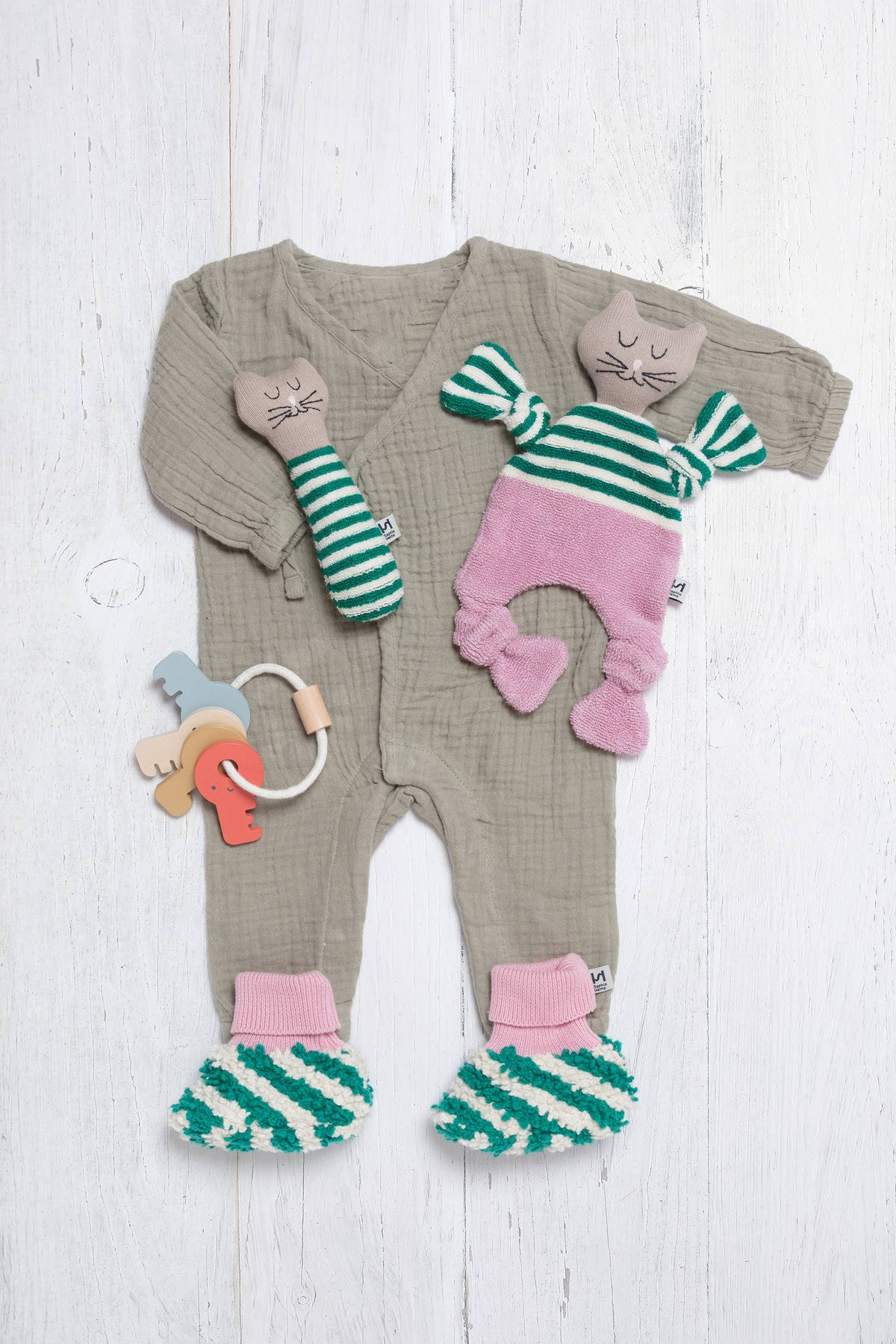 Cotton Knit Baby Slipper Socks: Boucle Striped Green