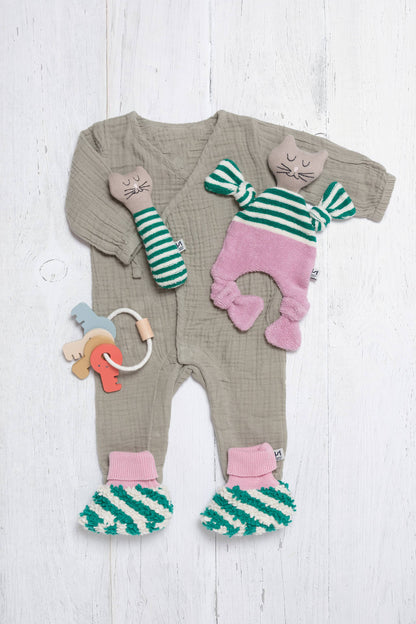 Cotton Knit Baby Slipper Socks: Boucle Striped Green