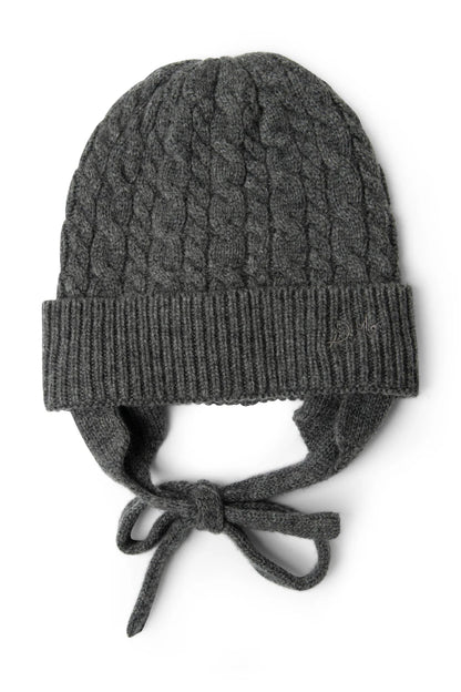 Cashmere / Wool Blend Mix Turn Up Tie Beanie - Charcoal