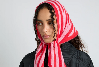 Knitted Triangle Headscarf - Red & Pink Stripe