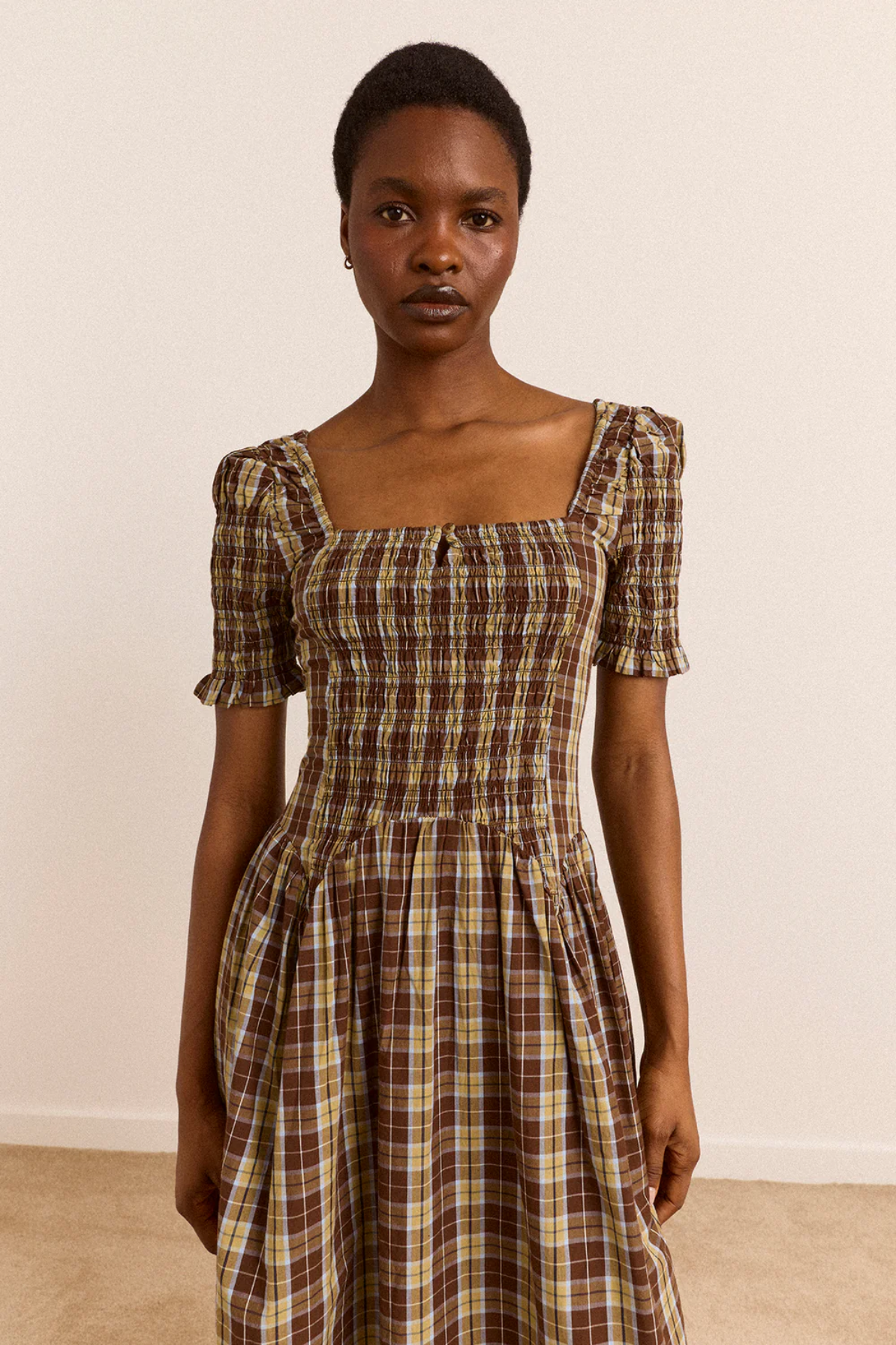 Molly Emmy Shirred Midi Dress - Cocoa Check