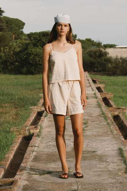 Embroidered Off Light Cream Shorts