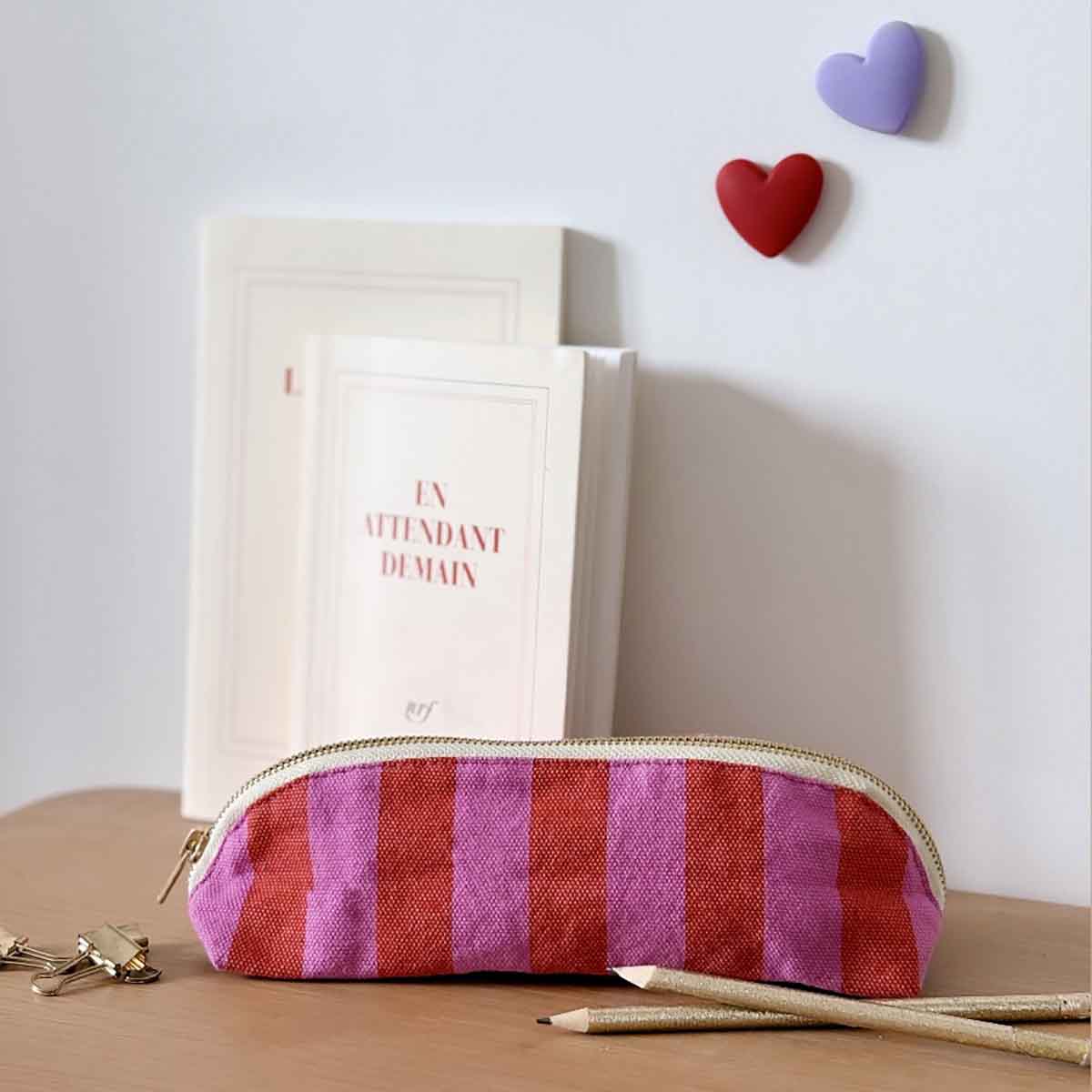 PENCIL CASE GASTON STRIPES ORCHID/TOMATO