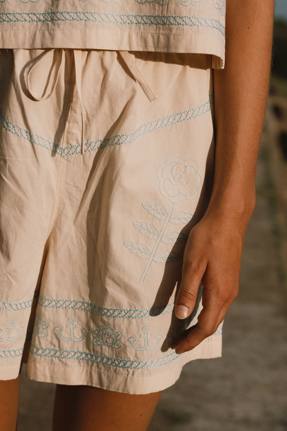 Embroidered Off Light Cream Shorts