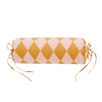 Harlequin linen bolster, mustard/peach