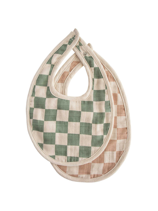 Muslin Bib 2 Pack - Olive Check / Natural