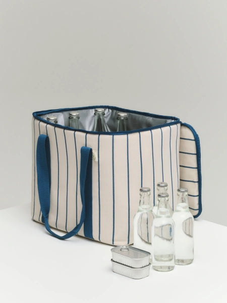 Outdoor Market Cooler Bag - Medium Beige With Blue Stripe