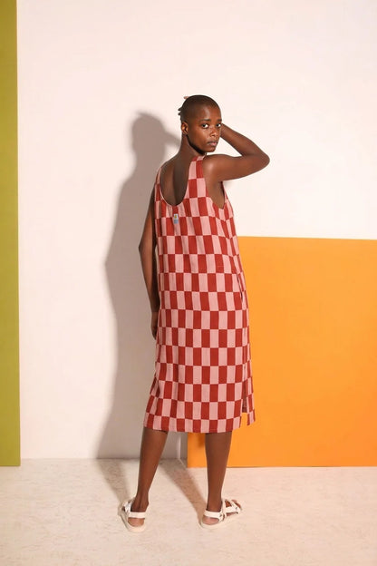 Printed Linen Slip Dress - Brick