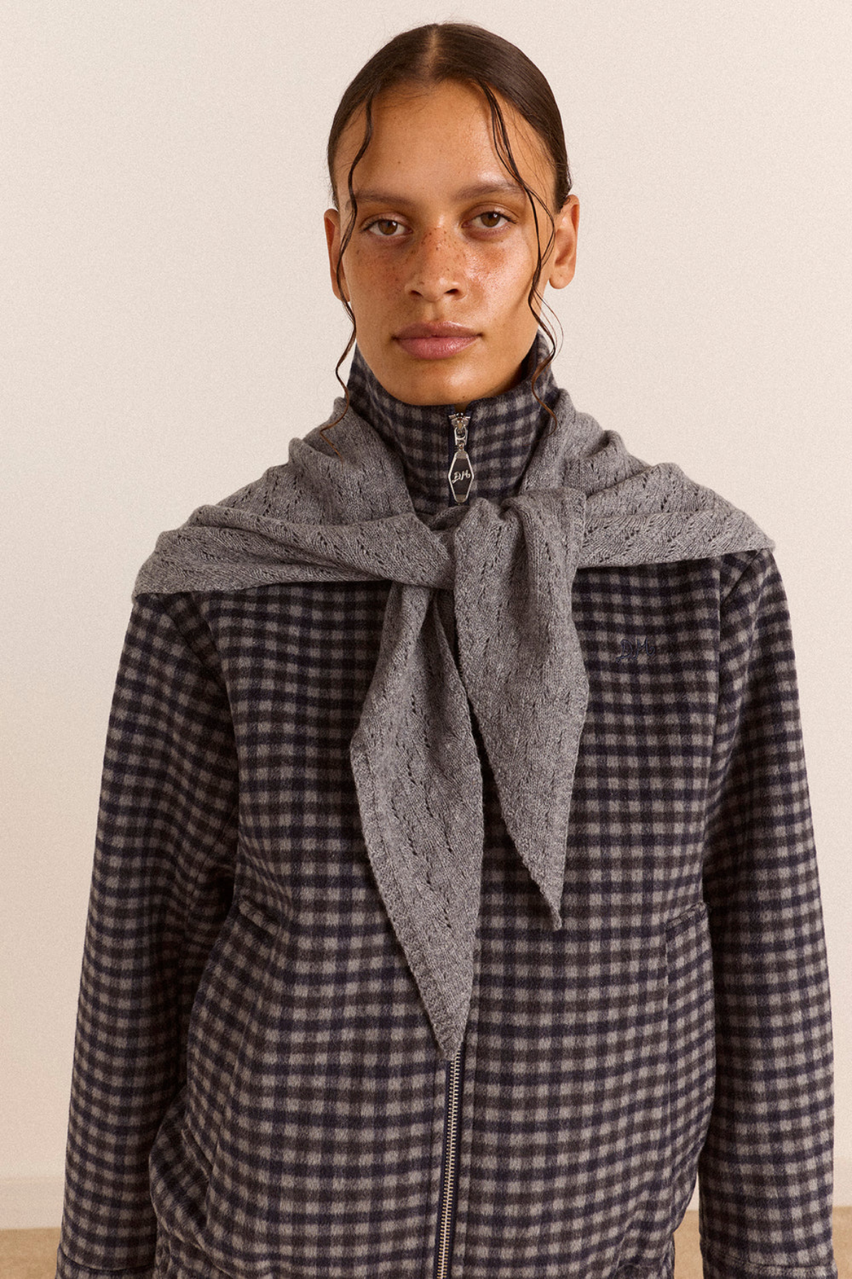Lightweight Wool Pointelle Triangle Scarf - Grey Marl