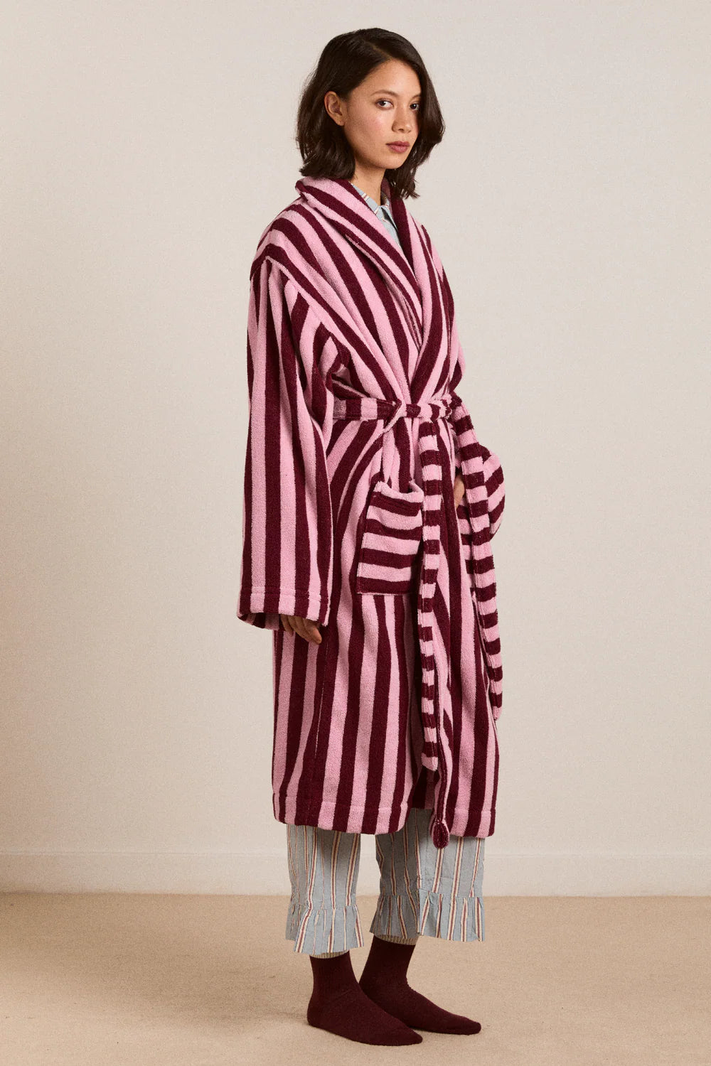 Towelling Robe: Burgundy Stripe