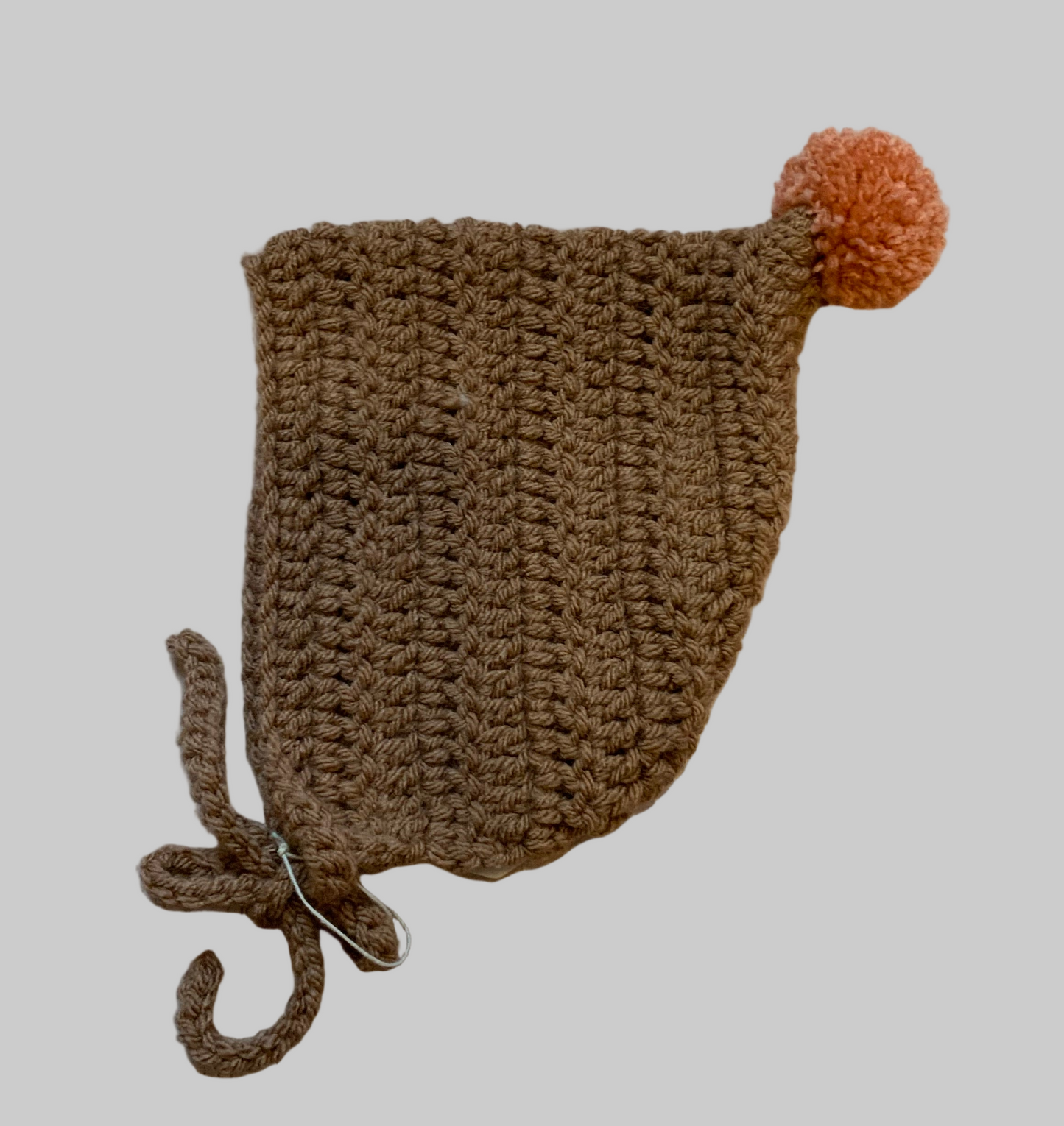 Pom Pom Hand Knit Pixie Bonnet - Brown