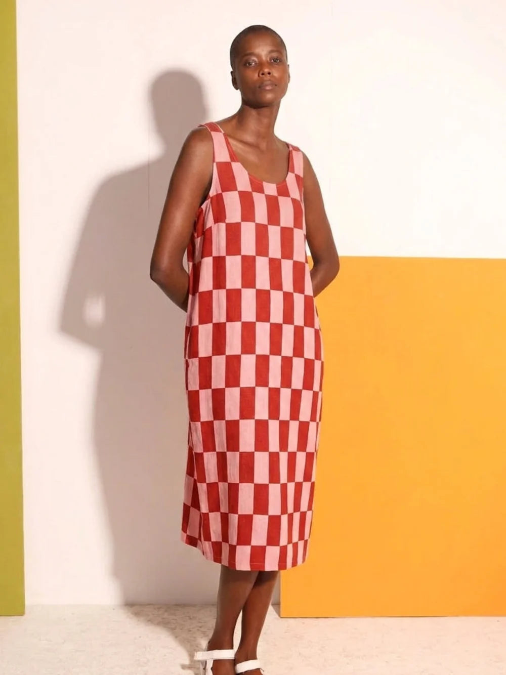 Printed Linen Slip Dress - Brick