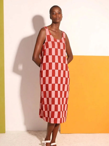 Printed Linen Slip Dress - Brick