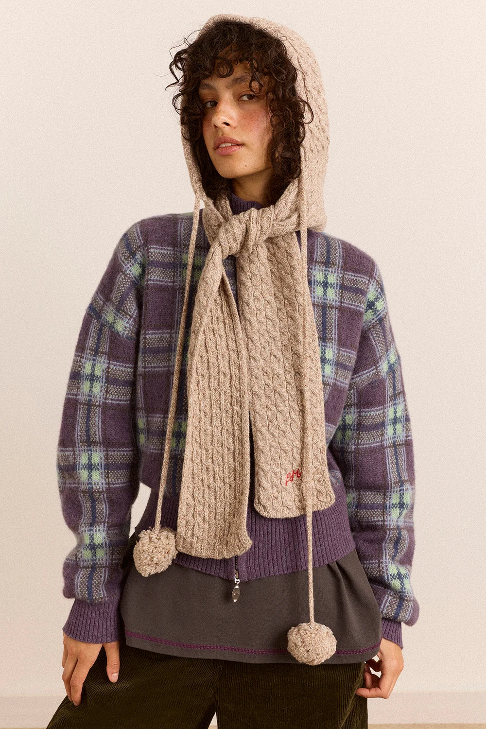 Hooded Pom Pom Scarf - Oatmeal