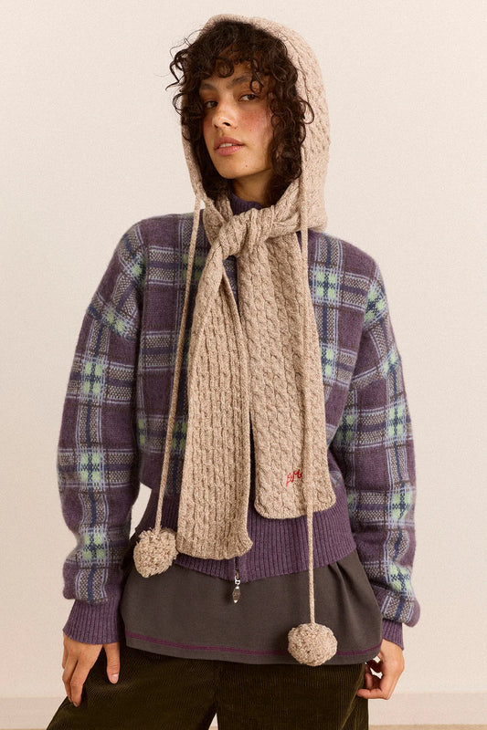 Hooded Pom Pom Scarf - Oatmeal